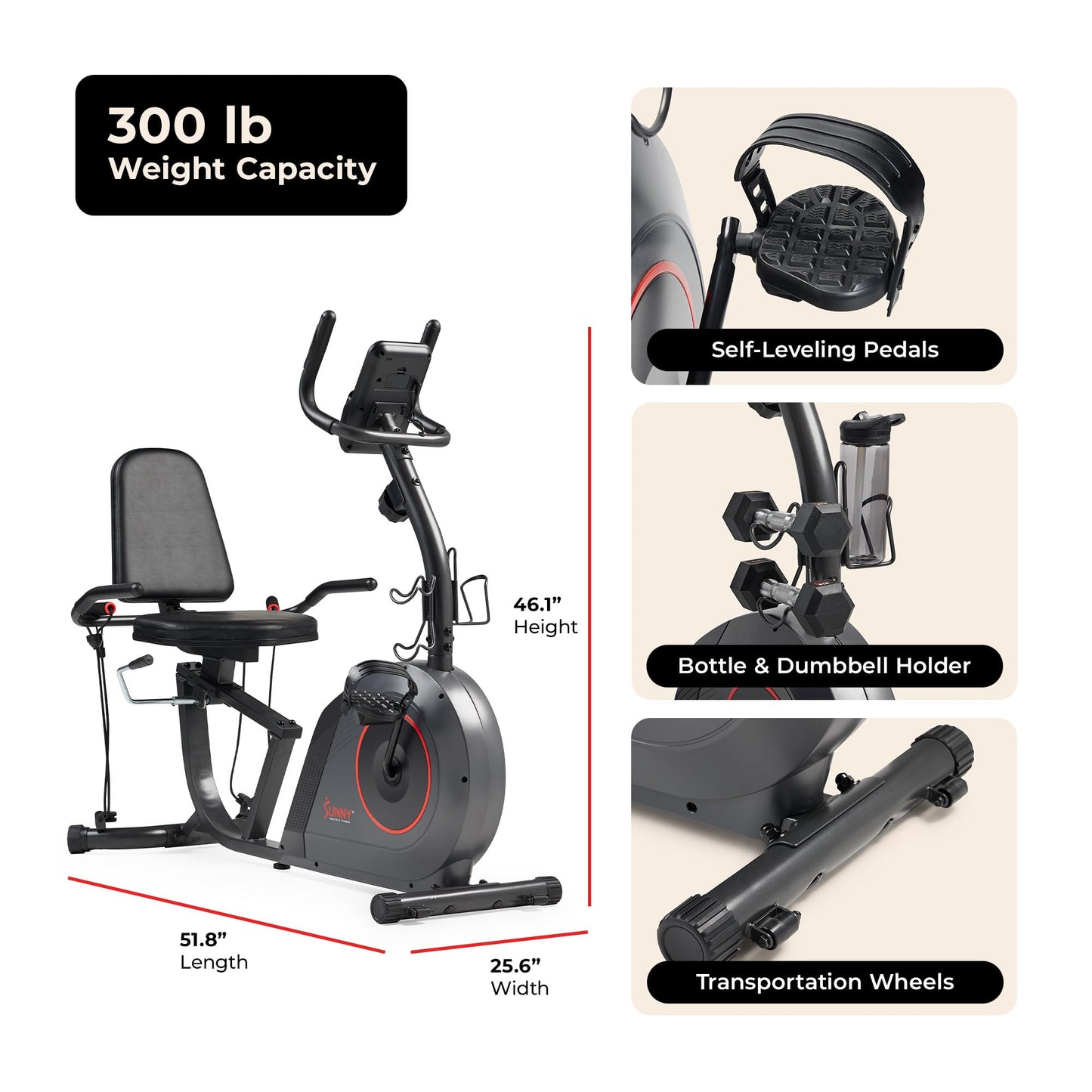 Sunny Health & Fitness Smart Recumbent Bike - 16 Resistance Levels, Workout Bands, 300 lbs Capacity, SunnyFit App