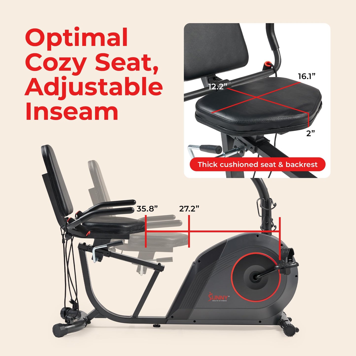 Sunny Health & Fitness Smart Recumbent Bike - 16 Resistance Levels, Workout Bands, 300 lbs Capacity, SunnyFit App