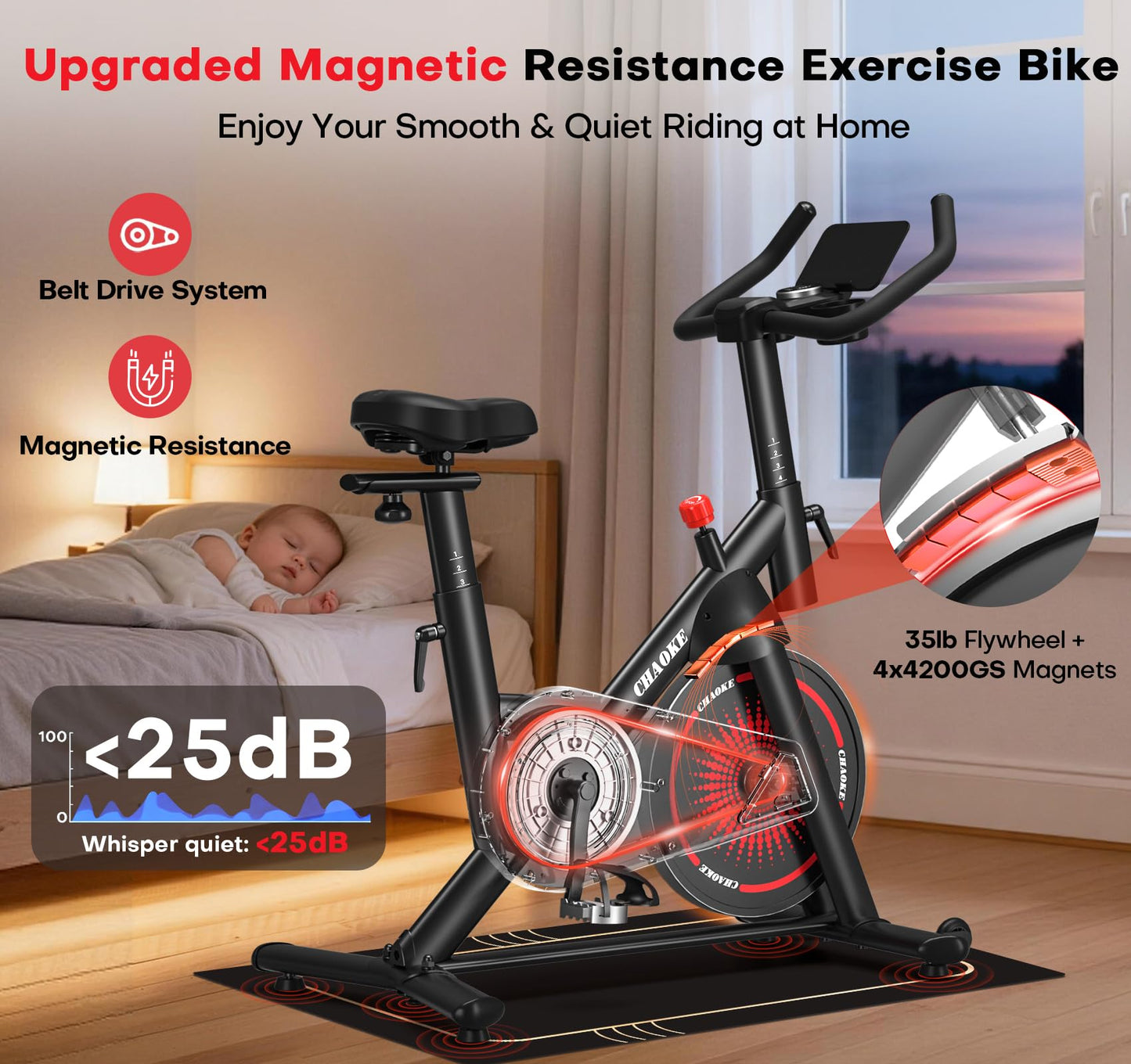 CHAOKE Magnetic Exercise Bike, 35 lbs Flywheel, App Compatible, 350 lbs Capacity, Digital Display