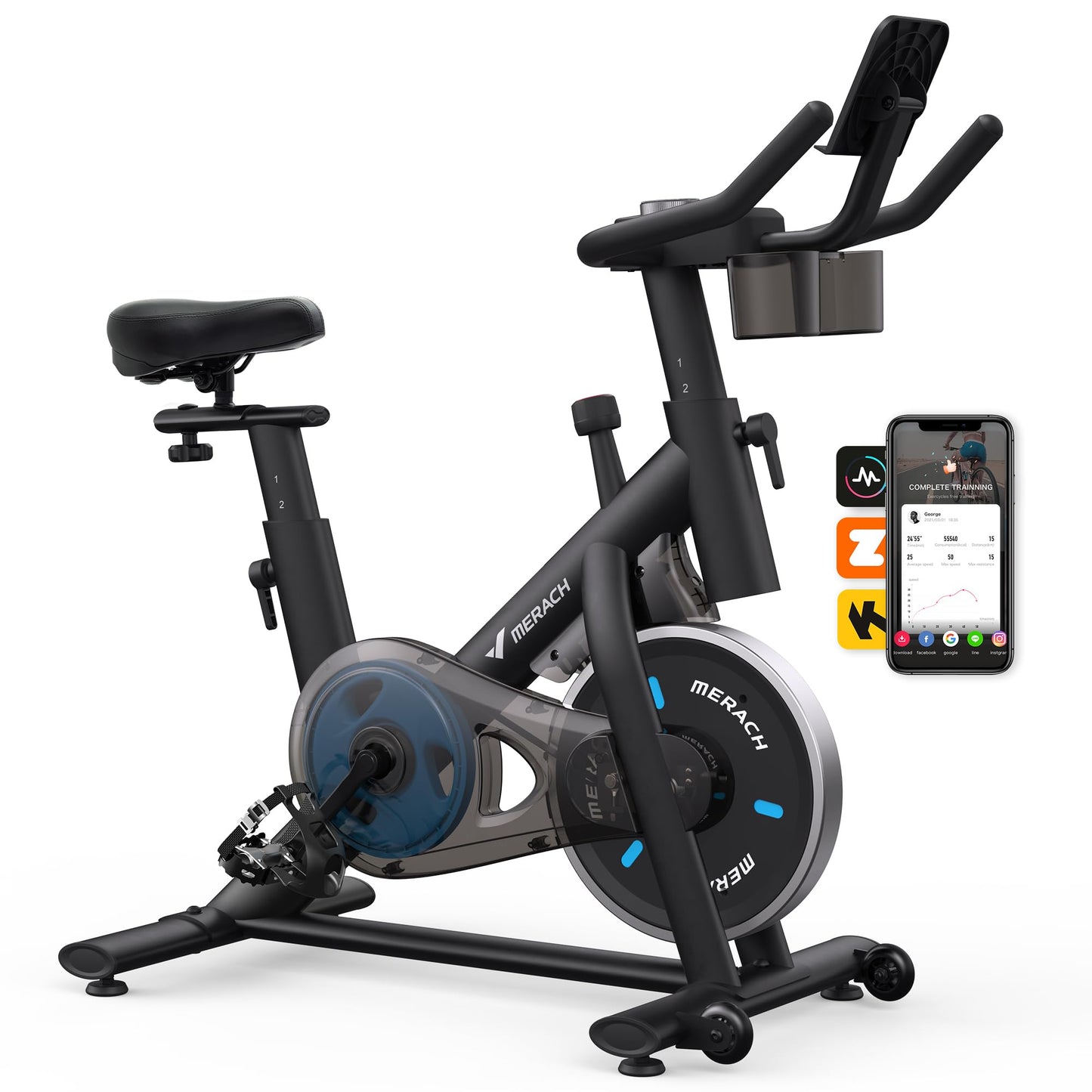 MERACH Magnetic Exercise Bike – App Support, 300 lbs Capacity, Low Noise Belt Drive, Adjustable Seat & Handlebars