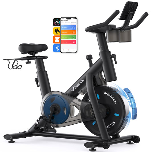 Merach Exercise Bike – Magnetic & Brake Pad Resistance, 270 lbs Capacity, App Support, Dumbbell Rack