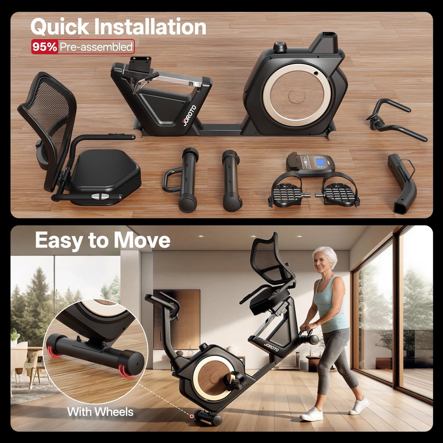 JOROTO Recumbent Exercise Bike – 400 lbs Capacity, 16 Magnetic Levels, Bluetooth App, Heart Rate Monitor