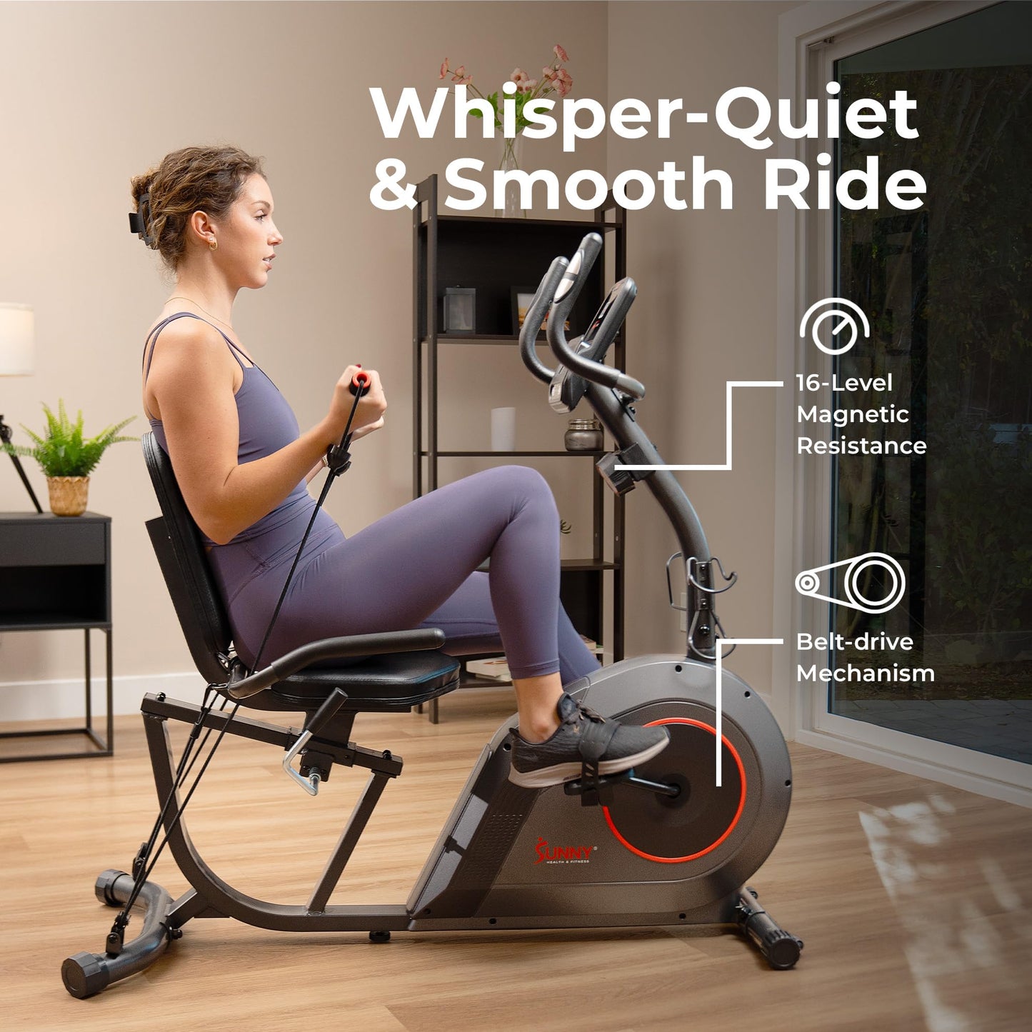 Sunny Health & Fitness Smart Recumbent Bike - 16 Resistance Levels, Workout Bands, 300 lbs Capacity, SunnyFit App