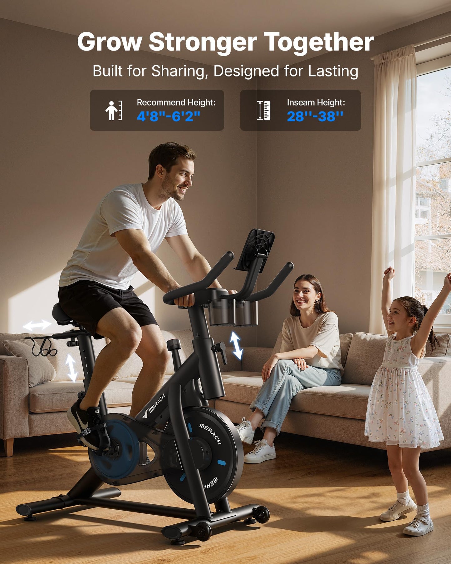 Merach Exercise Bike – Magnetic & Brake Pad Resistance, 270 lbs Capacity, App Support, Dumbbell Rack