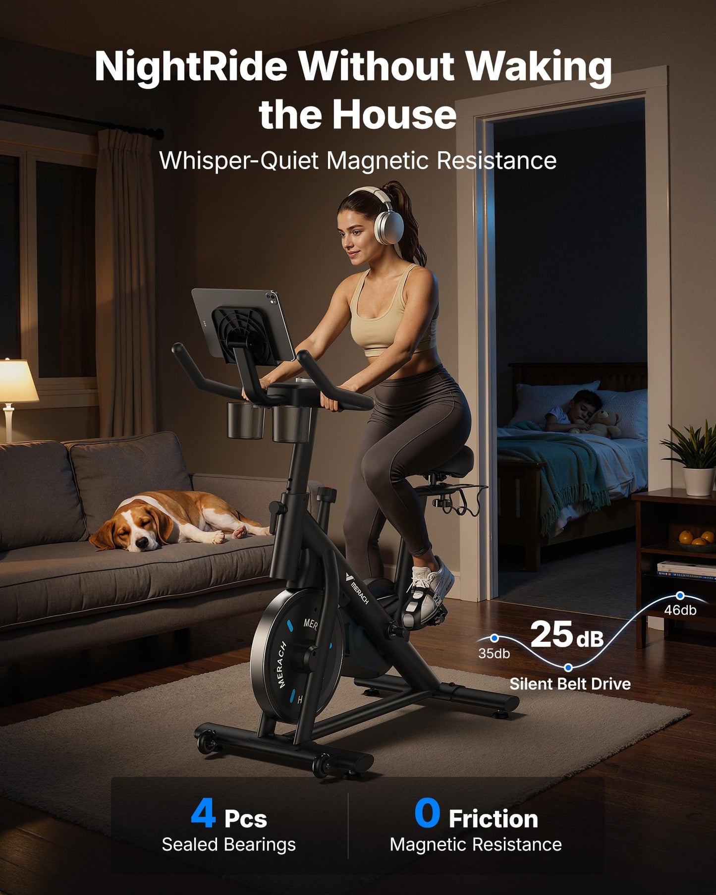 Merach Exercise Bike – Magnetic & Brake Pad Resistance, 270 lbs Capacity, App Support, Dumbbell Rack