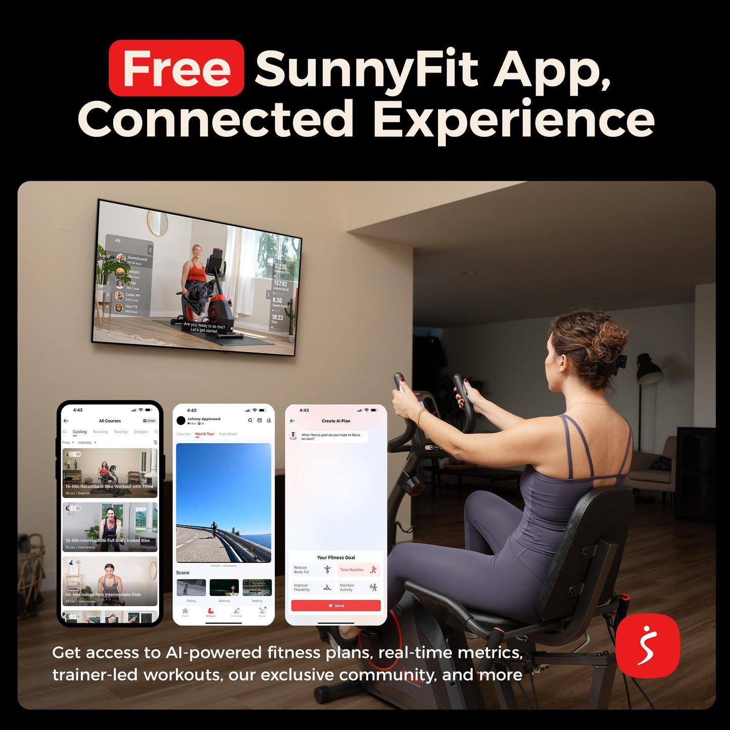 Sunny Health & Fitness Smart Recumbent Bike - 16 Resistance Levels, Workout Bands, 300 lbs Capacity, SunnyFit App